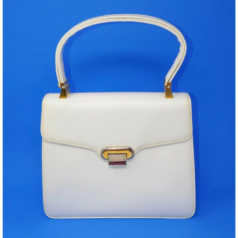 Koret Vintage 1950 1960s Mid Century Two Tone Clasp White Leather Top Handle Bag